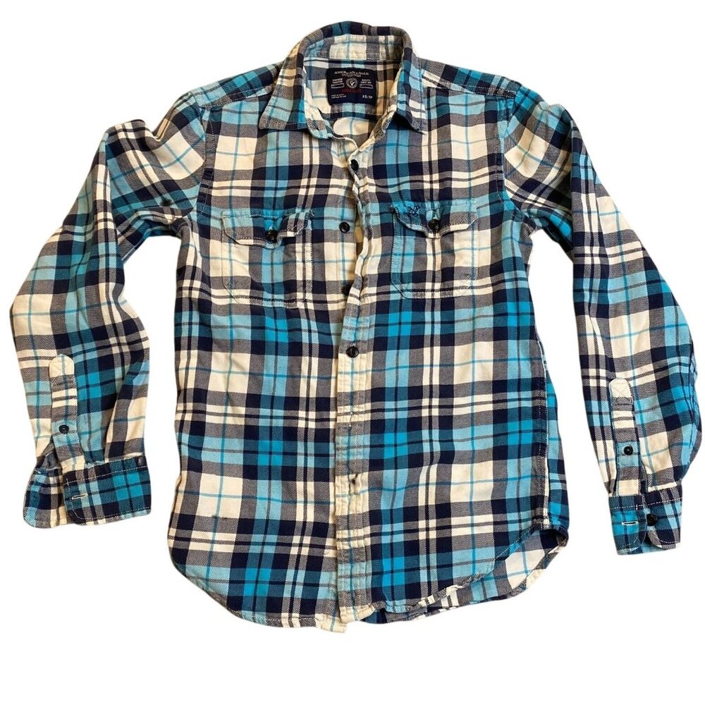 American Eagle Outfitters Men's Shirt XS Blue/White Plaid Long-Sleeve Button-Up